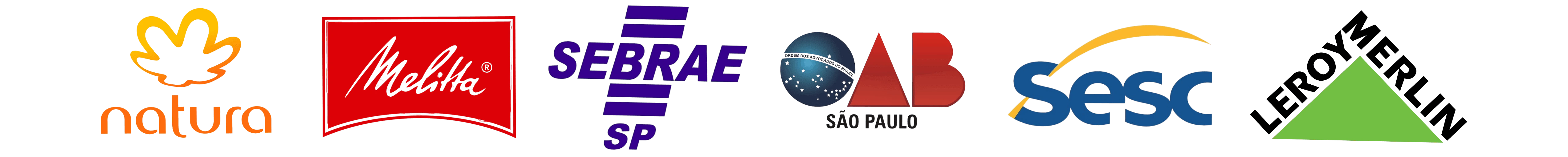 Logos de Natura, Melitta, Sebrae SP, OAB São Paulo, Sesc e Leroy Merlin.